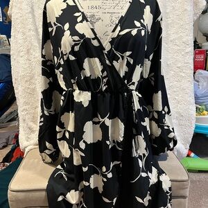 Black and cream floral wrap dress with Fringe!